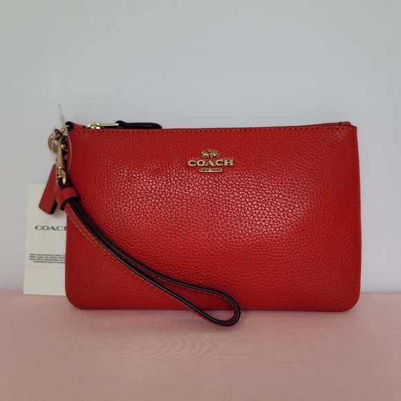 COACH Small Wristlet in Polished PebbleD Leather- Sport Red⭐ - Picture 1 of 16